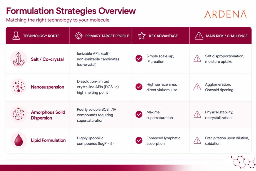 Comparison table of formulation strategies including salt selection, nanosuspensions, ASDs, and lipid formulations with key advantages and risks