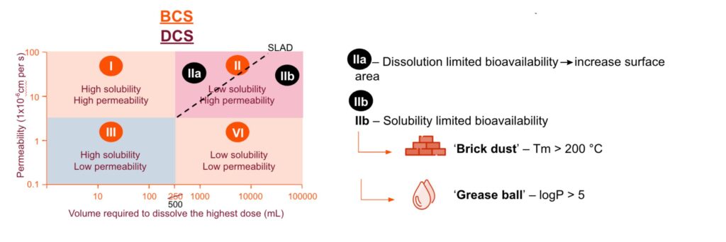DCS classification matrix illustrating BCS Class II and IV drug challenges including brick dust and grease ball molecules